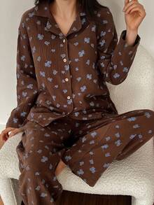 DAZY Floral Textured Chiffon Fabric Loose Women Pajama Set - Brown - View 8