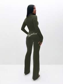 BABYPHAT Plus Size Olive Green Zip Up High Neck Long Sleeve Top With Text Print - Army Green - View 5