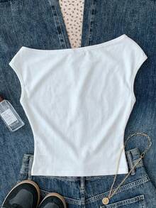 SHEIN 少女白色针织休闲简约波点印花不对称褶皱短款上衣，适合春夏穿着，休闲百搭，可打造个性造型，日常穿着 - 彩色 - 查看 2