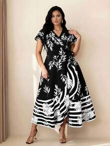 Rometta Plus Size Elegant Leaf Print Waist Cinched Dress, Summer Black And White Leaf Print Dress Black And White Floral Dress Vintage Style Dress Black And White Dress Women - Black - View 9