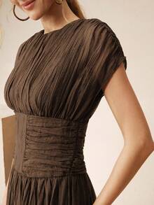 Anewsta Elegant Modern Textured Waist Ruched Dress For Women - Brown - View 2