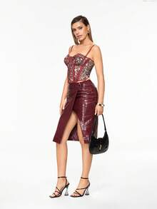 Glitzique 方头水晶高跟鞋，条纹带性感优雅时尚高跟女士凉鞋 - 黑色 - 查看 7