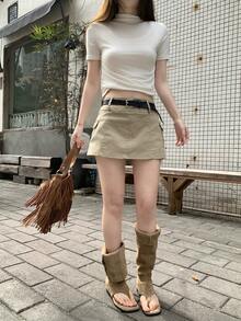 DAZY Women's Summer Casual Street Style Minimalist Solid Color Flap Pocket Skirt, Belt Not Included - Khaki - View 7