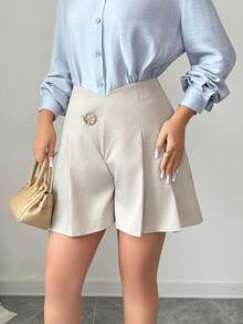 Modelyn 女士优雅通勤纯色褶皱短裤，夏季 - 灰色 - 查看 5