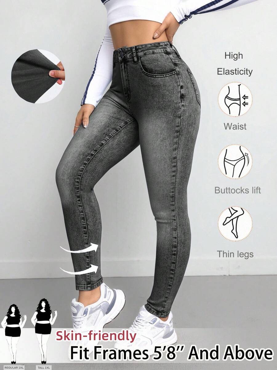 SHEIN Tall CURVE 大码女式蓝色弹力紧身牛仔裤，带口袋 - 黑色 - 查看 1