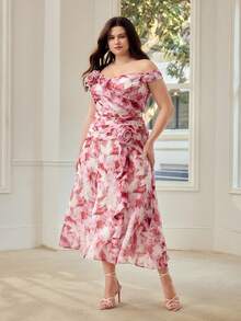 MOTF PREMIUM VESTIDO DE MUJER TALLA GRANDE CON ESTAMPADO FLORAL Y VOLANTE EN EL BAJO - Multicolor - View 4