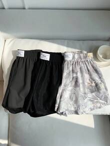 SHEIN EZwear Bộ 3 món cỡ lớn gồm quần short màu trơn và họa tiết cành cây, kiểu dáng đơn giản, đa năng, thoải mái, thích hợp mặc thường ngày. - Nhiều màu - Xem 5