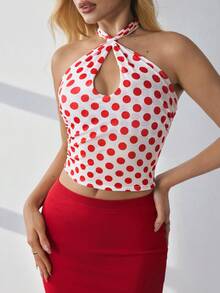 HautHeat Women's Polka Dot Print Hollow Out Halter Neck Sleepwear Top - Red - View 5