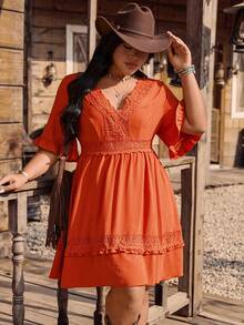 LanaWest CURVE Plus Size Women's Summer Lace Patchwork V-Neck Waist Ruffle Hem Short Dress, Suitable For Vacation, Music Festival, Western Boho Style - Orange - View 7