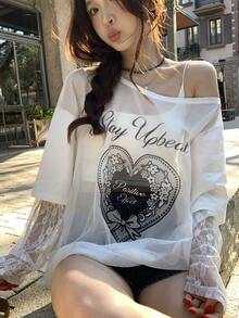 DAZY Women's Oblique Shoulder Korean Style Mesh Long Sleeve Printed Blouse - White - View 5