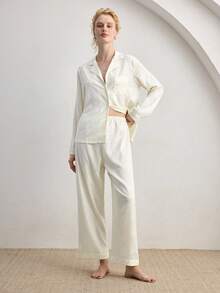 Ocili Satin Jacquard Minimalist Abstract Comfortable Lapel Long Sleeve Pants Ladies Sleepwear Set, Chic Autumn Slumber - Champagne - View 3