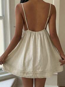 SHEIN EZwear 夏季梭织女式A字吊带蕾丝蝴蝶结迷你连衣裙娃娃裙可爱连衣裙白色连衣裙吊带裙奶油色连衣裙夏季连衣裙蕾丝边连衣裙吊带裙短款女装连衣裙女士夏季连衣裙女士夏季套装女士夏季服装度假服装女装 - 米色 - 查看 2