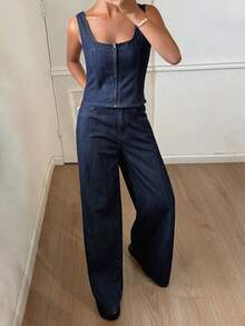 DAZY Bộ đồ thường ngày dành cho nữ: Áo hai dây cổ chữ V sâu và quần jeans ống rộng. - Rửa tối - Xem 6