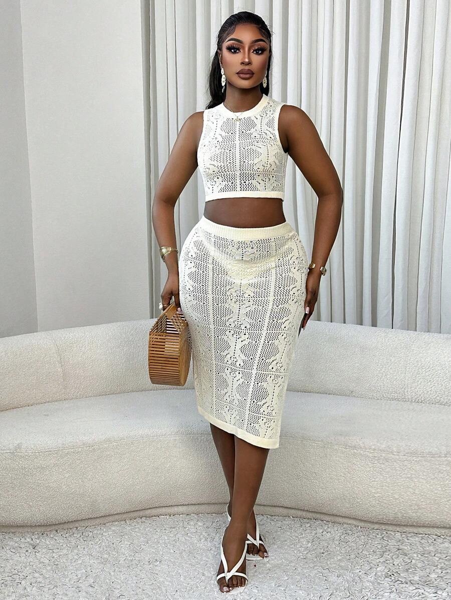 Xyvia 女士极简主义无袖镂空针织毛衣两件套，春夏款 - 杏色 - 查看 1