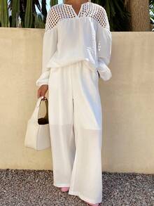 DAZY Bộ đồ 2 món dành cho nữ: Áo pull phối lưới khoét lỗ và quần ống rộng, phong cách đi nghỉ mát và dạo phố. - trắng - Xem 4