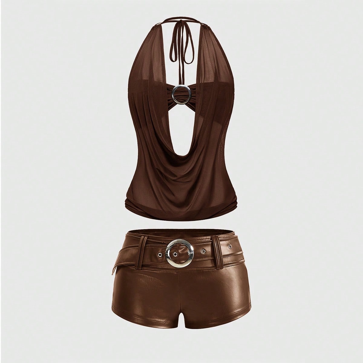 Women's Country Retro Gyaru Style PU Low-Waist Decorative Draped Neck Tie Crop Top And Mini Bodycon Shorts 2-Piece Set