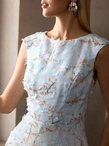 MOTF Soiréza WOMEN'S NEW BLUE ROUND NECK WOVEN TEXTURED SLEEVELESS ELEGANT REFRESHING FORMAL DRESS, HIGH-END EVENING GOWN - Blue - View 2