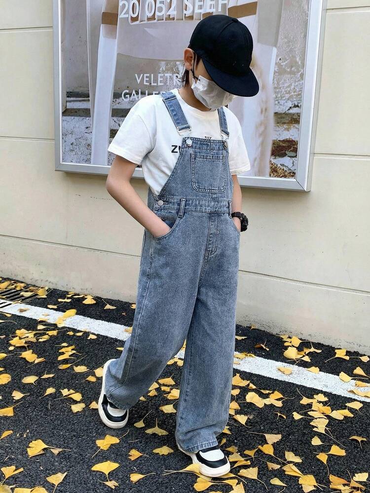 SHEIN Little Byeori 子供用 夏服 カジュアル ベースブルー デニム