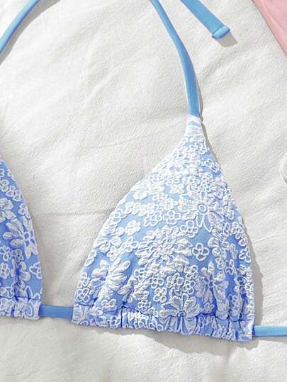 Swim Mod Beach Summer Outfits For Women, Pink Floral Textured Fabric Halter Neck Beach Vacation Bikini Swimwear Top Blue And White Swimsuit Blue Floral Bikini