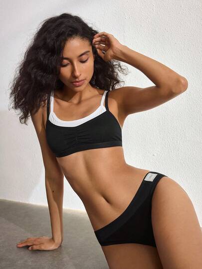 Ocili Women's Minimalist Comfortable Contrast Color 2 In 1 Bra And Panty Set