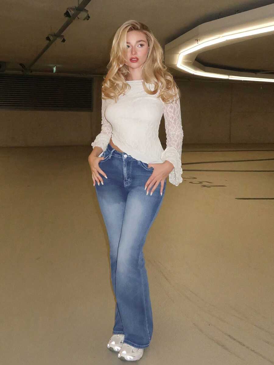 Turnttoni Rhinestone Wing Embroidered Flared Leg Skinny Casual Low Waist Jeans - Blue - View 1