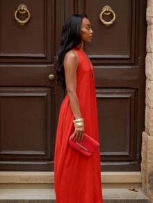 Yess Loren 2025 春夏新款音乐节、复活节、圣帕特里克节、西部风、游牧风、生日派对、毕业典礼、学院风、学生装、日常休闲、百搭百搭、休闲、邮轮旅行、海滩、日光浴、网络热播、街头潮流、婚礼宾客波西米亚风、通勤、早午餐、机场、白色纹理挂脖系带深 V 长裙、露背长裙 - 紅色 - 查看 4