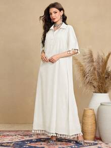 Al Najma Women's Retro Fringe Design Shirt Collar Short Sleeve Dress, Casual Arabic Style - Apricot - View 6