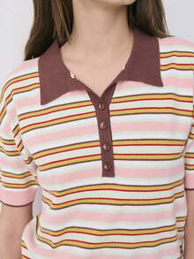Nöista Pink And White Striped Summer Casual School Back-To-School Knit Polo Shirt,Color-Blocked Fitted Thick Ribbed Knit Urban Short Sleeve Tops For Women - Green - View 3