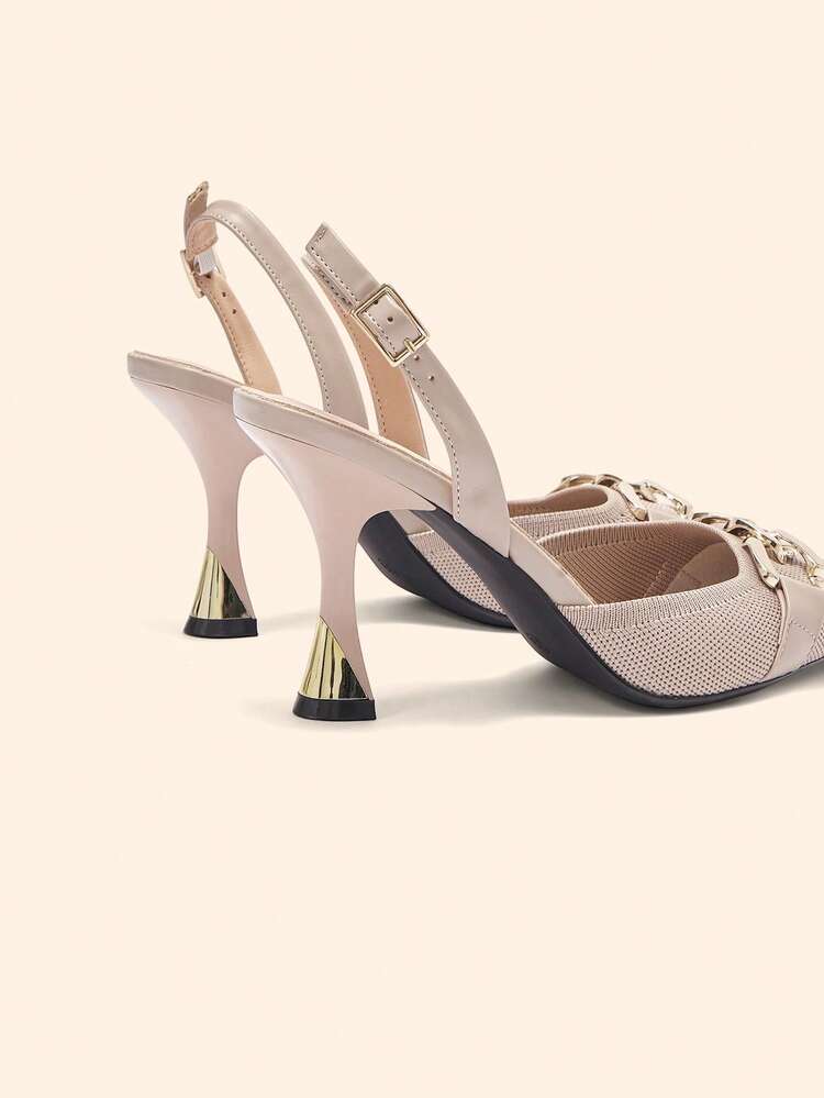 CUCCOO BASICS Ladies Metal Chain Decorative Pointed Back Lift Buckle Wine Glass Heels High Heels Popular Fashion Elegant Banquet Prom Party Outdoor Comfortable Shopping Dating Daily Commuter Birthday Gift Wedding Shoes Four Seasons Nude Fabric High Heels Shoes