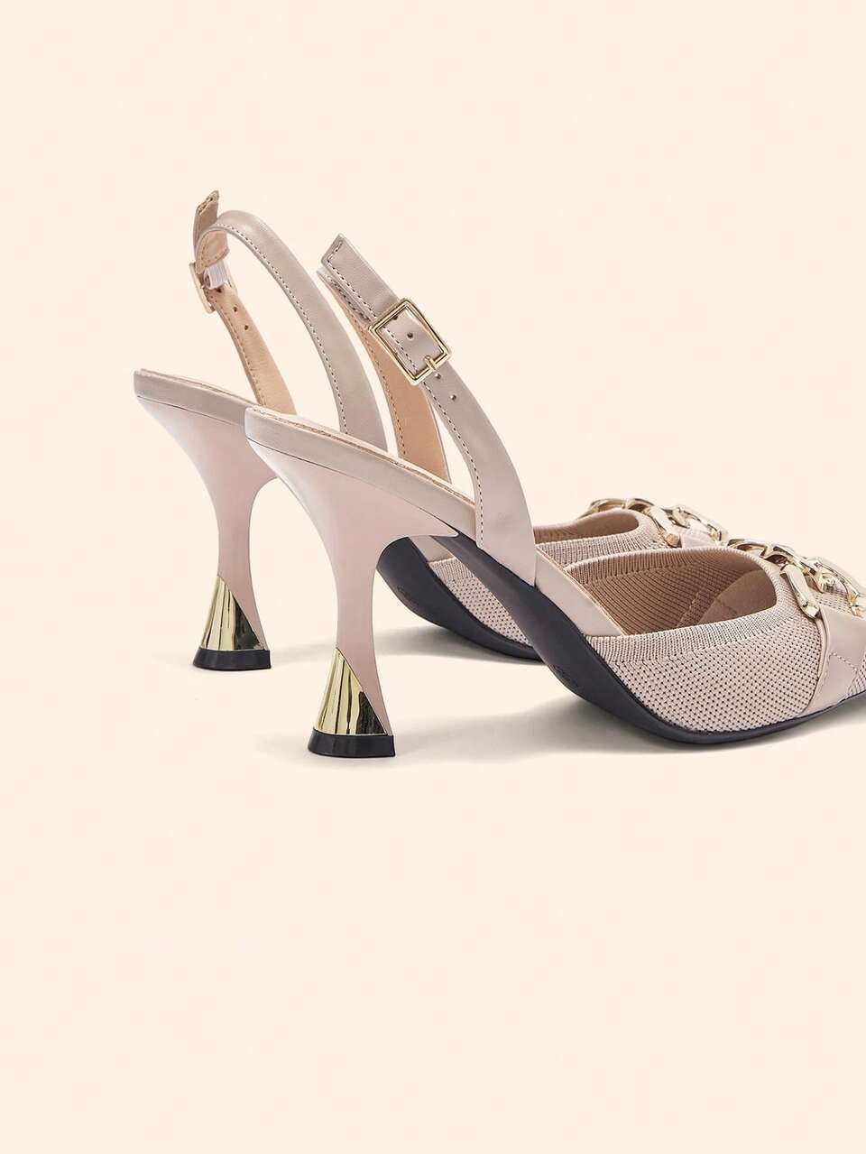 CUCCOO BASICS Ladies Metal Chain Decorative Pointed Back Lift Buckle Wine Glass Heels High Heels Popular Fashion Elegant Banquet Prom Party Outdoor Comfortable Shopping Dating Daily Commuter Birthday Gift Wedding Shoes Four Seasons Nude Fabric High Heels Shoes