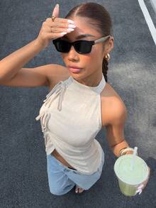 SHEIN EZwear Summer Tops Women's Office Outfits For Women Linen Tie-Up Turtleneck Backless Camisole With Sleeveless Backless Wrap-Around Asymmetrical Hemelegant Women's Blouses - Apricot - View 5