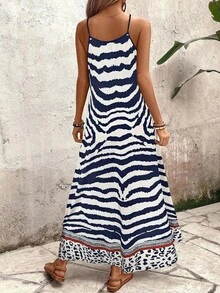 SHEIN PETITE 女士斑马纹V领无袖A字连衣裙，优雅休闲度假通勤时尚约会街头复古百搭派对连衣裙，春夏秋季 - 藍白色 - 查看 2
