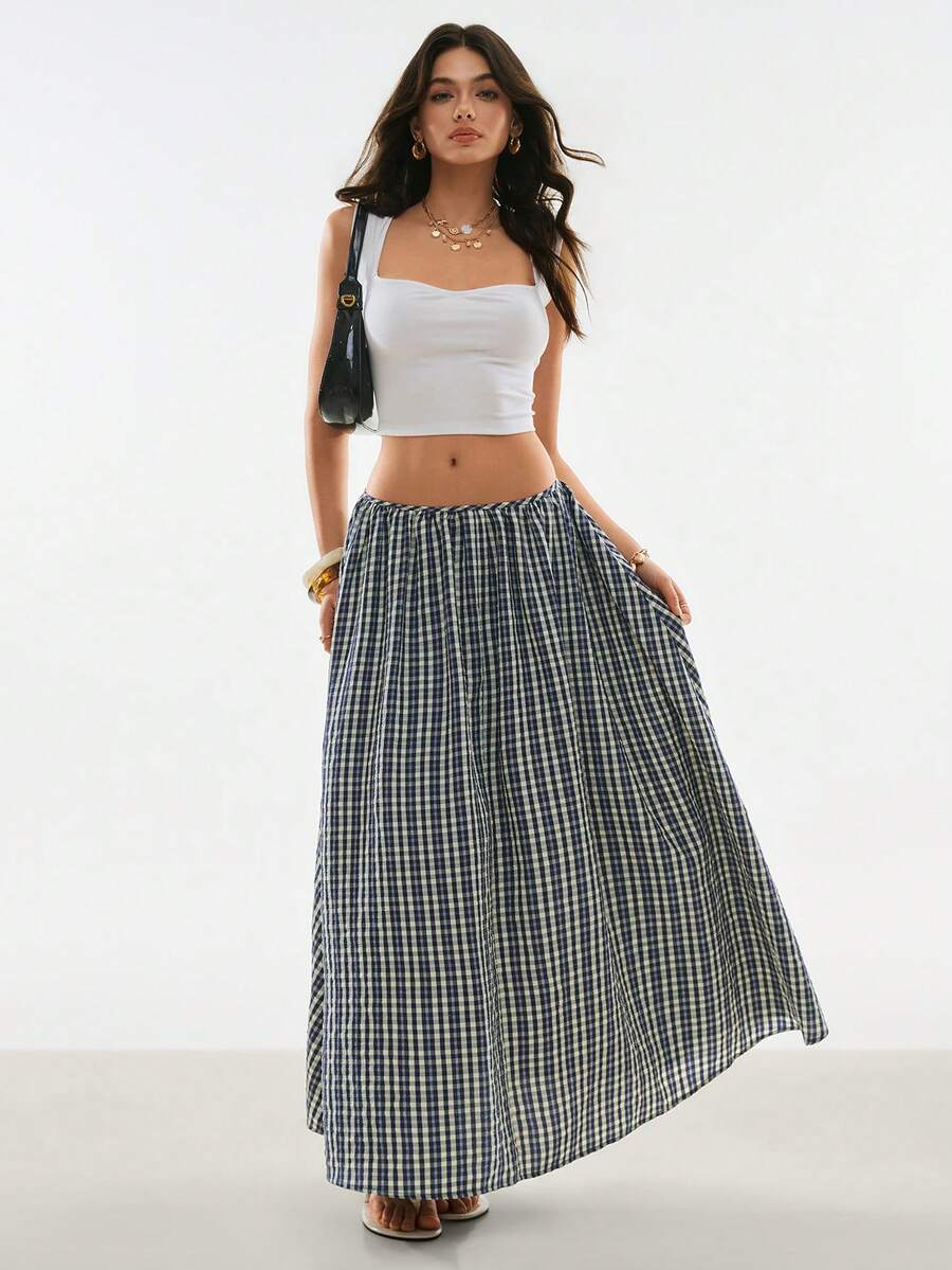 Poéselle Women's Plaid Loose Fit Fashionable Versatile Long Skirt, Summer - Blue - View 1