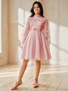 Anewsta 女童长袖薄纱荷叶边珍珠公主裙，粉色，春夏款 - 粉色 - 查看 5