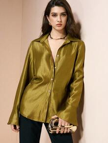 Arave Women's Shirt, Satin Textured Fabric, Fitted Design, Lapel Collar, Shell Buttons, Slightly Flared Long Cuffs, Metallic Sheen. Elegant For Dates, Everyday Commutes. Luxury Women's Blouses. - Mustard Yellow - View 3