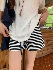 K-Vae Casual Striped Drawstring Waist Shorts, Versatile For Summer - Black and White - View 4