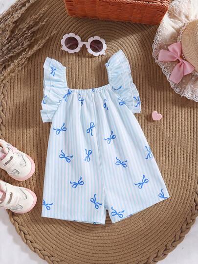 Baby Girl Summer Cute Blue & White Striped Bow Ruffle Trim Romper