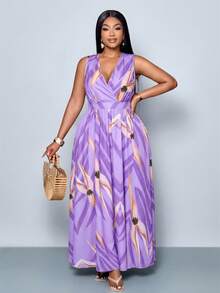 SOLERSUN 大码女式无袖碎花弹力腰长连衣裙，适合夏季度假和日常穿着 - 淺灰紫 - 查看 6