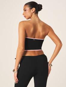 Missguided x Playboy Bandeau Crop Top With Pink Bunny Logo Print Strapless Tube Style Summer Festival - Black - View 2