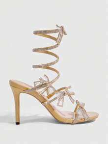 CUCCOO SZL Sandalias de tacón alto sexy para mujer con puntera puntiaguda, tacón de aguja y adornos de strass - Albaricoque - Ver 3