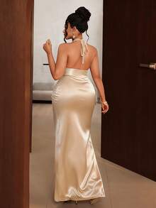 Maweii Plus Size Women's Elegant Party Dress, Suitable For Celebrations, Sisters' Gatherings, Christmas, New Year, Back To School Parties. Metal Buckle Decor, Tie-Up Neck, Waist Ruching For Slimming Effect, Chest Cutout Design, Leg Slit For High-End Look - Brown - View 2