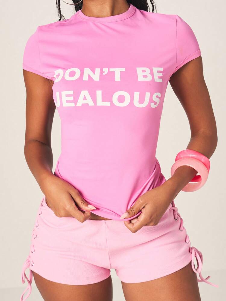 MISSGUIDED Women's Don't Be Jealous Slogan Crew Neck Short Sleeve T-Shirt Statement Tee Casual Summer Top Graphic Print