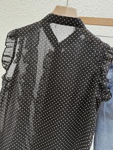 Franclia Women's Black Polka Dot Chiffon Blouse, Elegant Romantic Ruffle Hem - Black - View 6