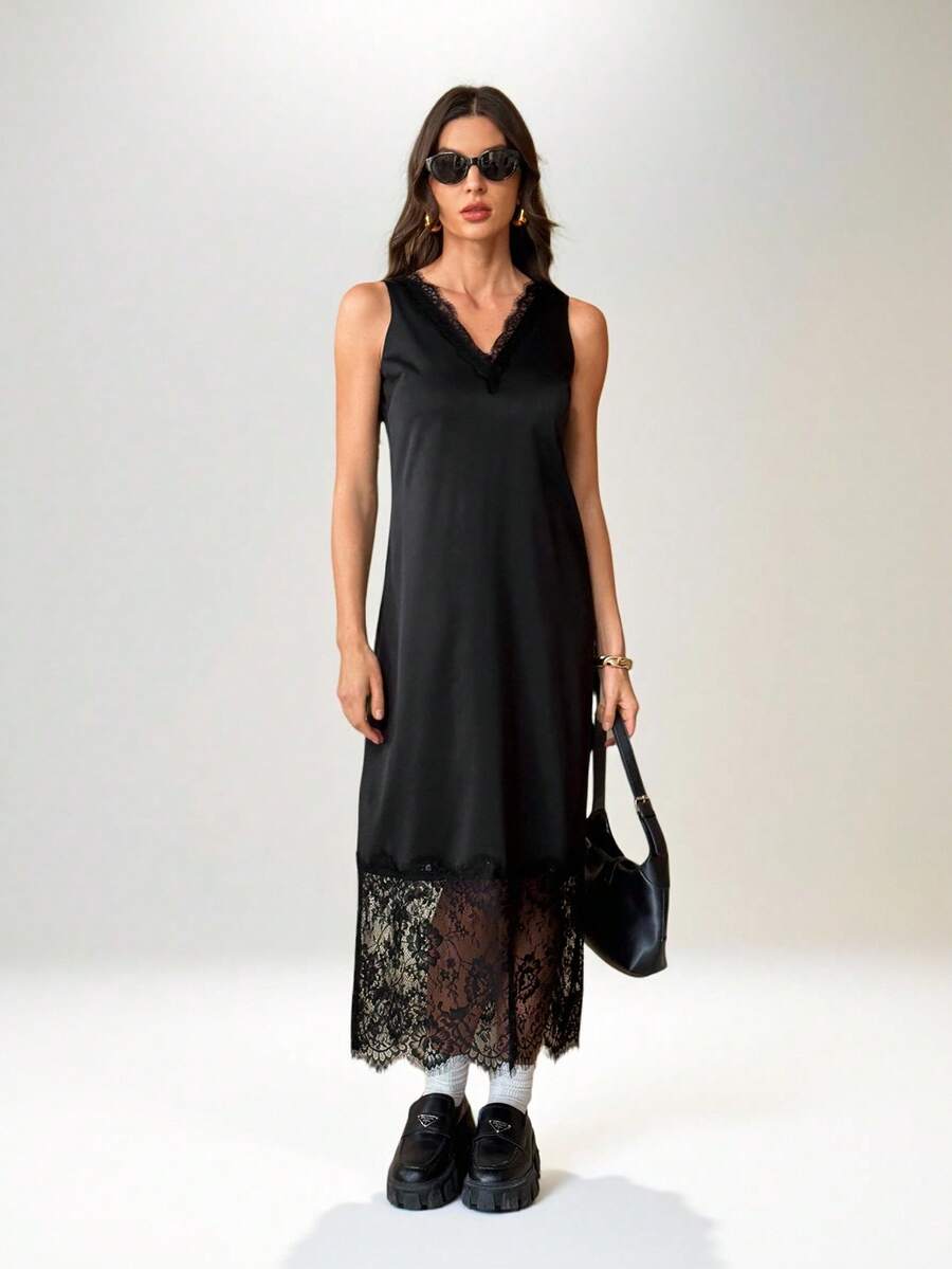 SHEIN Tall 女士中长连衣裙，V领蕾丝拼接
