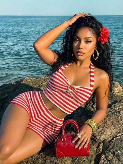 Slaydiva 2025 Spring/Summer New Hot Selling Elegant Casual Vacation Slim Fit Red And White Striped Knit Textured Halter Neck Tie With Metallic Decoration Tank Top + Mini Shorts Women Two Pieces Set. Suitable For Everyday Wear, Shopping, Party, Travel, Airport Outfits, Brunch Outfits, Vacations, Bohemian Style, Beachwear, Wedding Season Vacation Two Piece Set Striped Two Piece Set Two Piece Beach Set