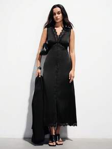 Aveloria Modichic 黑色蕾丝边V领无袖连衣裙，修身剪裁，缎面面料，优雅风格，奢华质感，性感元素点缀，适合正式场合、派对、庆典、都市夜生活。精致蕾丝点缀，轻盈顺滑的质地。是高端晚宴、正式聚会、约会和特殊场合的理想之选，彰显优雅魅力和时尚品味。 - 黑色 - 查看 1