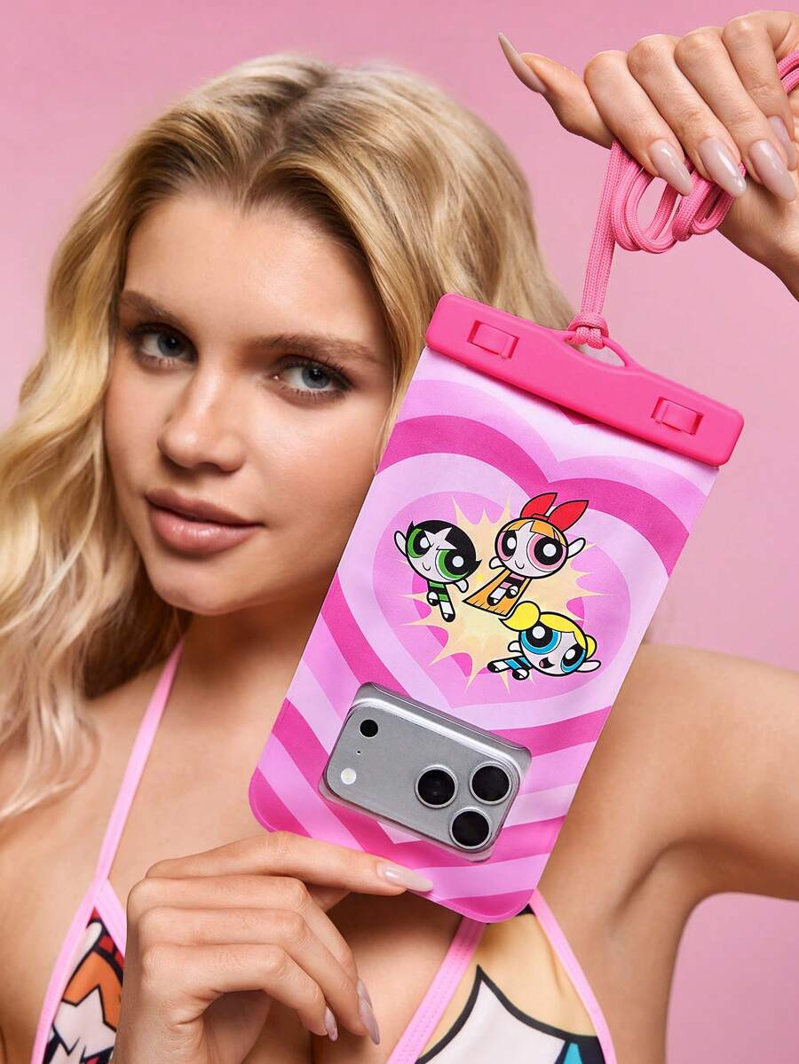 THE POWERPUFF GIRLS X SHEIN 1款卡通图案印花防水触屏透明水上运动手机包，适用于漂流、沙滩、游泳、划船、皮划艇、徒步旅行，可保护手机、相机、现金、护照、文件免受水、沙、雪、灰尘的侵害。图案包括爱心、花朵、泡泡、毛茛花。 - 粉色 - 查看 1
