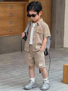 Bộ 2 món áo sơ mi và quần short denim kaki cho bé trai - Màu Khaki - Xem 4