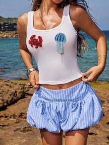 Opulessa Women's Vacation Crab Embroidered Ribbed Tank Top - White - View 1