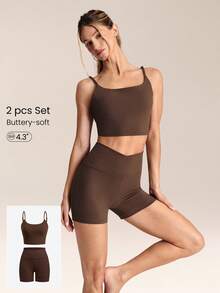 GLOWMODE FeatherFit™ Better Together Twisted Backless Removable Cups Adjustable Straps Square Neckline Tank & 4.3" Buttery-Soft Sweat-Wicking Crossover Waist Biker Shorts Low Impact Yoga Cycling Running Gym Daily Active Wear - Brown - View 1